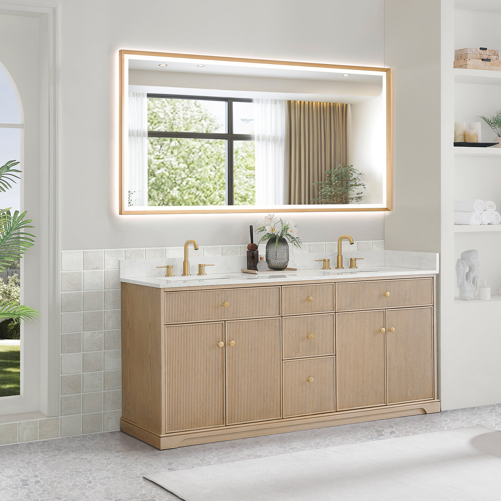 Noe Double Bathroom Vanity in Natural Oak with Grain White Engineered Stone Countertop No Mirror, 72"