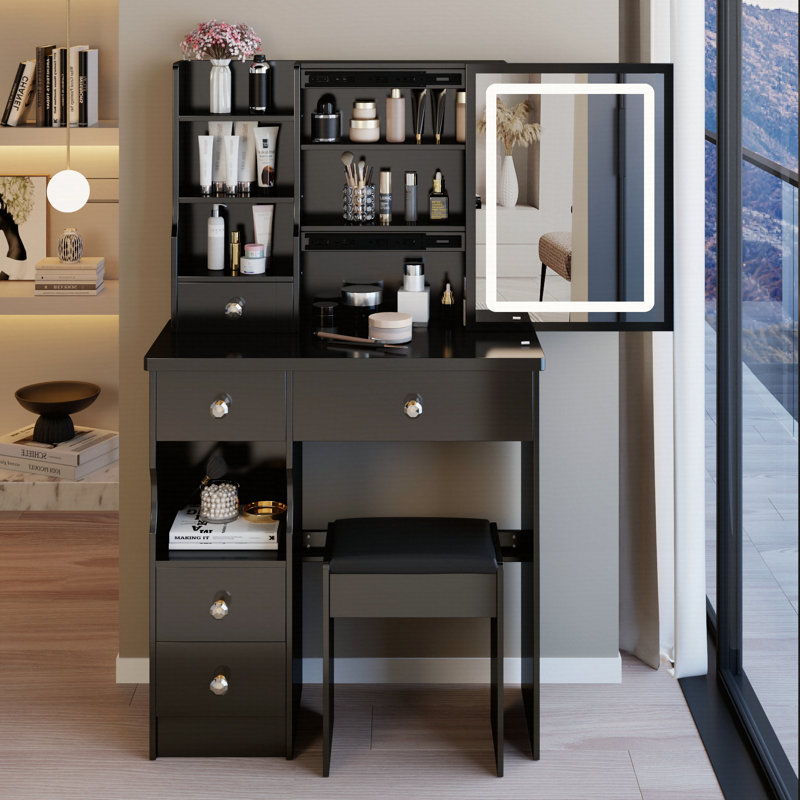 Bedside Vanity Table with Cushioned Stool, Sliding Touch LED Mirror (Tri-Color & Brightness Adjustable), Power Station (2 AC + 2 USB ), and Hair Dryer Bracket