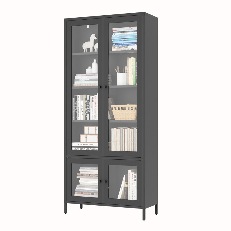 Grande armoire de rangement en métal avec 4 portes vitrées et 5 tablettes latérales
