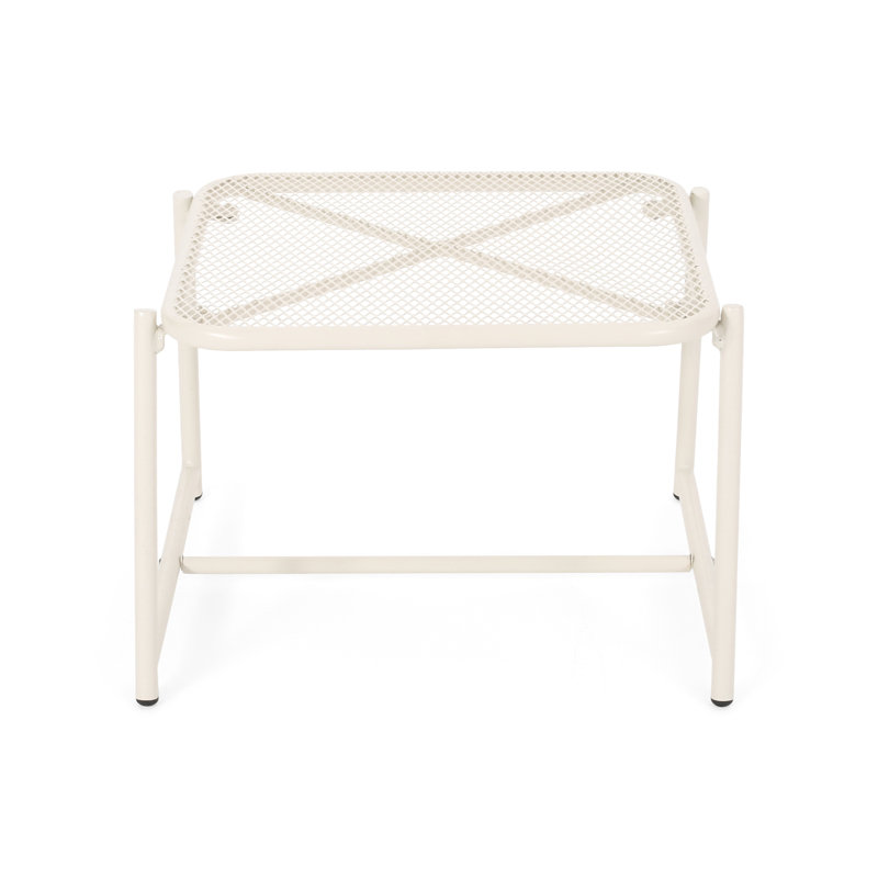 Table d'appoint d'extérieur moderne en fer, 32,8 cm de hauteur, blanche avec plateau en maille, 49,1 cm de largeur x 46 cm de profondeur.