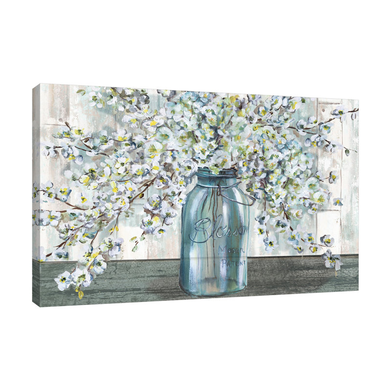 «Cherry Blossoms In A Mason Jar: Light Barn Wood», toile tendue par Winston Porter, H 10 po x l 15 po x P 1,5 po