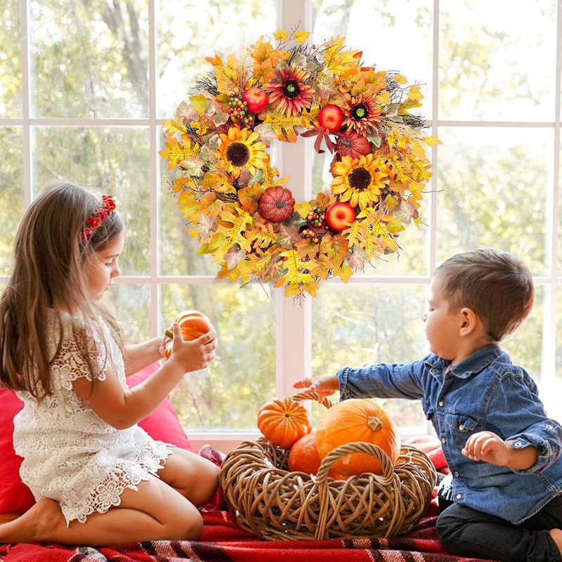 24 Inch Fall Sunflower Wreath with Pumpkins and Pinecones