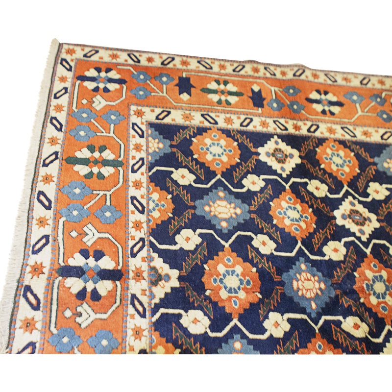 High-Quality Hand-Knotted Navy And Rust Area Rug
