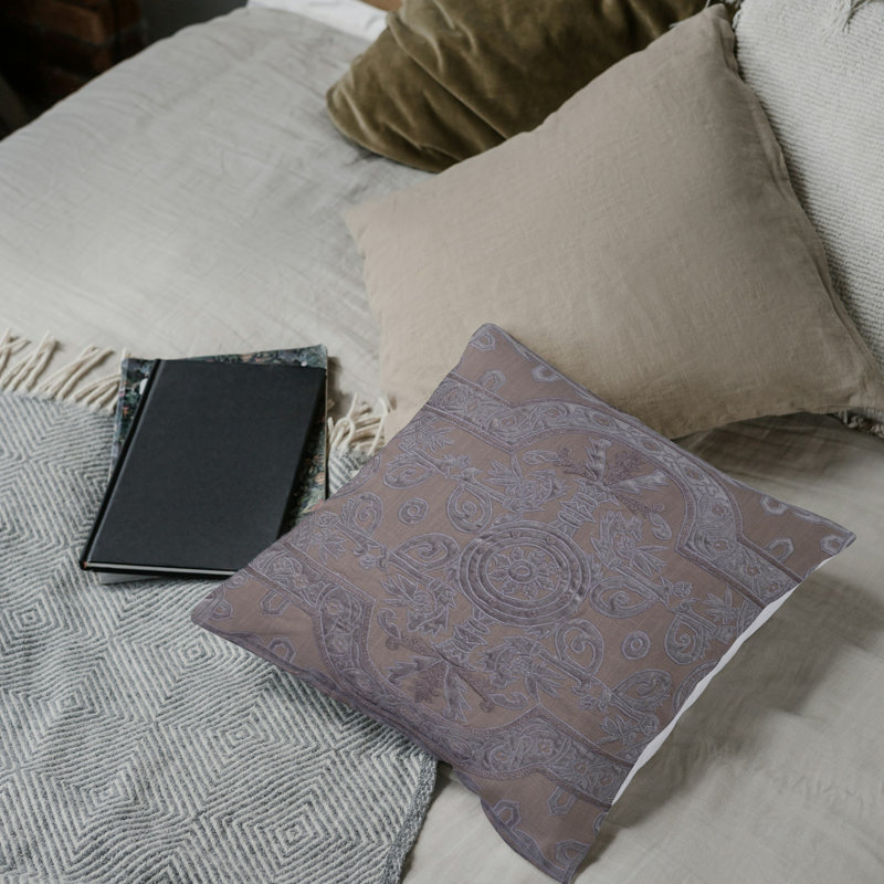 Square Brown and Cream Velvet Applique Embroidered Linen Pillow