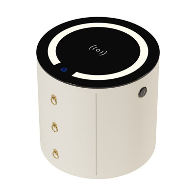 Modern Off-White Round Nightstand With Light And Wireless Charging And Speakers And USB Port by Everly Quinn