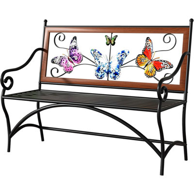 Banc d'extérieur de 39,7 po, banc de jardin, banc de patio avec accoudoirs, siège à lattes et dossier à motif papillon pour l'extérieur, porche, parc, pelouse, cour et balcon, cadre en fonte de métal, noir