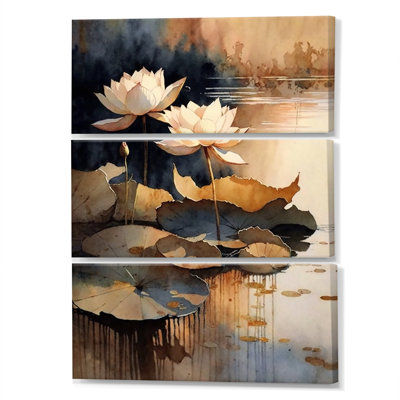 «Blooming Vintage Lotus In The Pond IV», ensemble d'art mural sur toile Floral Lotus