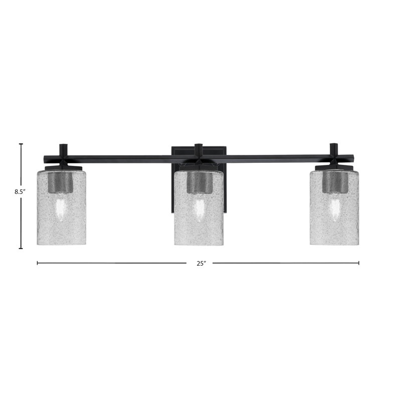 Bar pour salle de bain Finola illustré avec verre fumé, H 8,5 po x l 25 po x P 6,25 po, Noir mat, 3 lumières