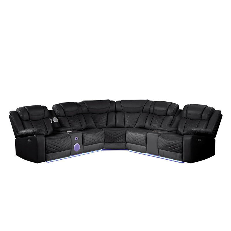 Canapé modulaire de luxe avec fauteuil inclinable, revêtement en similicuir, cadre en bois noir