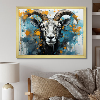 «Blue Yellow Goat Blooms Portrait», art mural animal de chèvre