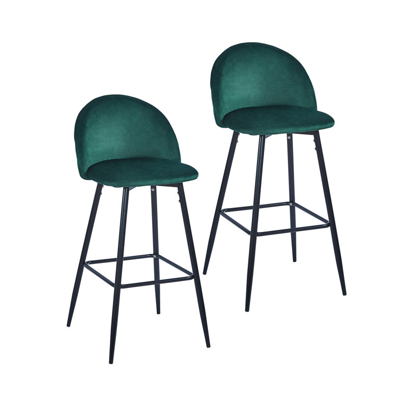 Everly Quinn Eisele Bar Stools Set Of 2, Velvet Upholstery, Steel Legs, Green