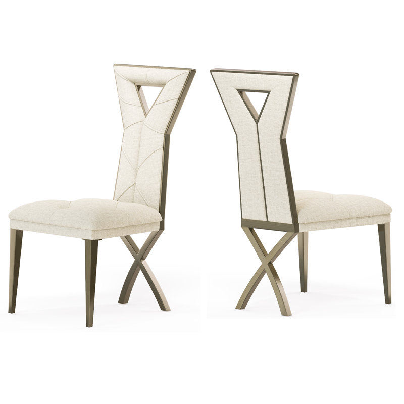 Ensemble de 2 chaises de salle à manger en chenille Glam blanc avec pieds en X en bronze brossé