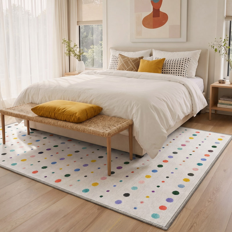 Tapis blanc / bleu à pois lavable à la machine avec envers antidérapant, Rectangle 5' x 7'
