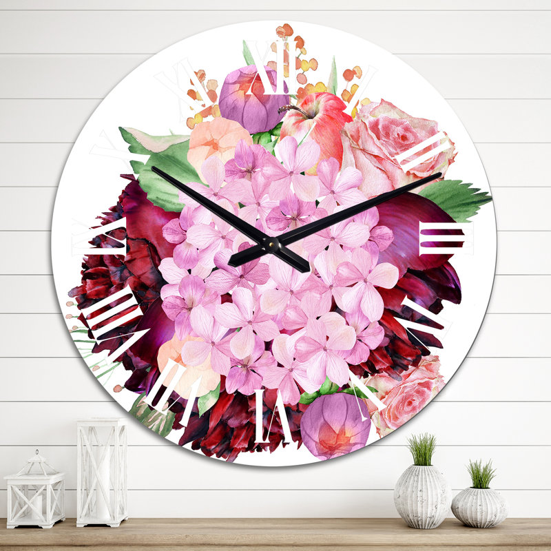 Horloge murale traditionnelle bourgogne et rosé avec hortensia, Moyen
