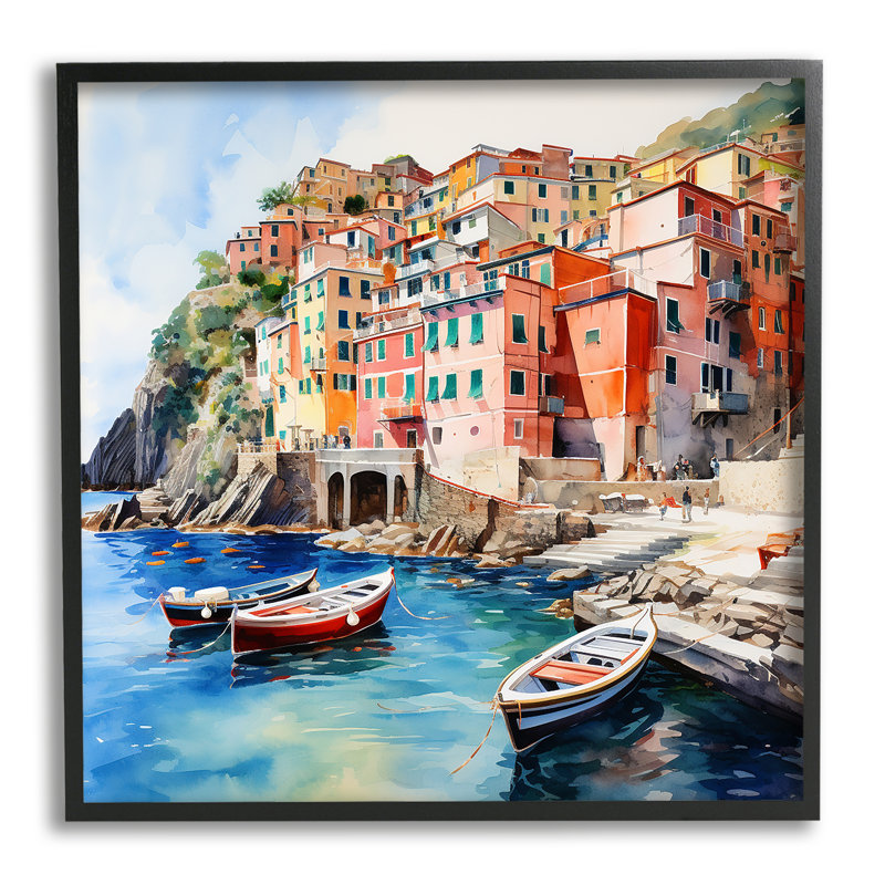 Ba-027 - Bateaux encadrés Cinque Terre, H 24 po x l 24 po x P 1,5 po, Giclée encadrée noir minuit