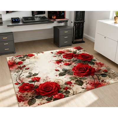 Tapis d'intérieur de style vintage lavable à la machine avec envers antidérapant, motif floral rose rouge, décoration intérieure chaleureuse pour salon, chambre, entrée, cuisine, balcon, appartement