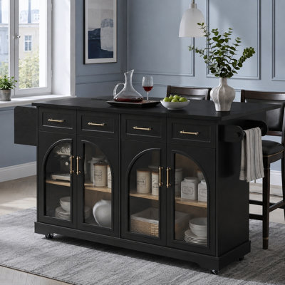 Îlot de cuisine roulant avec rangement, abattant, prise de courant, 4 tiroirs et portes en verre arquées
