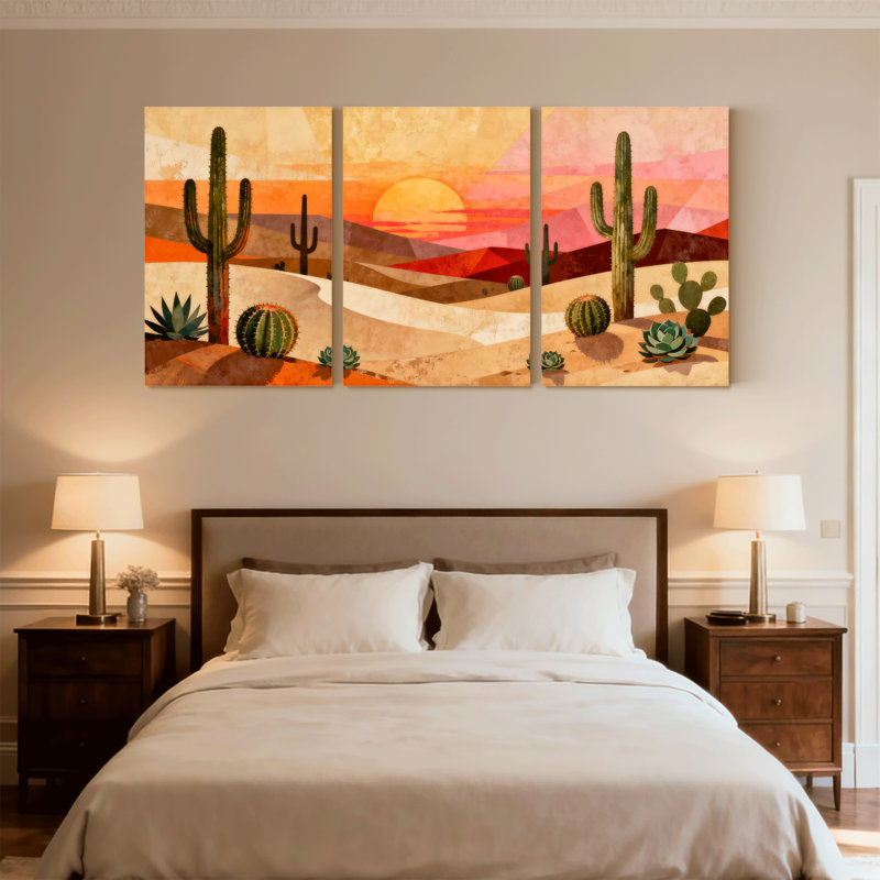 «Cactus Desert Sunset», ensemble de 3 reproductions d'art sur toile, H 24 po x l 48 po
