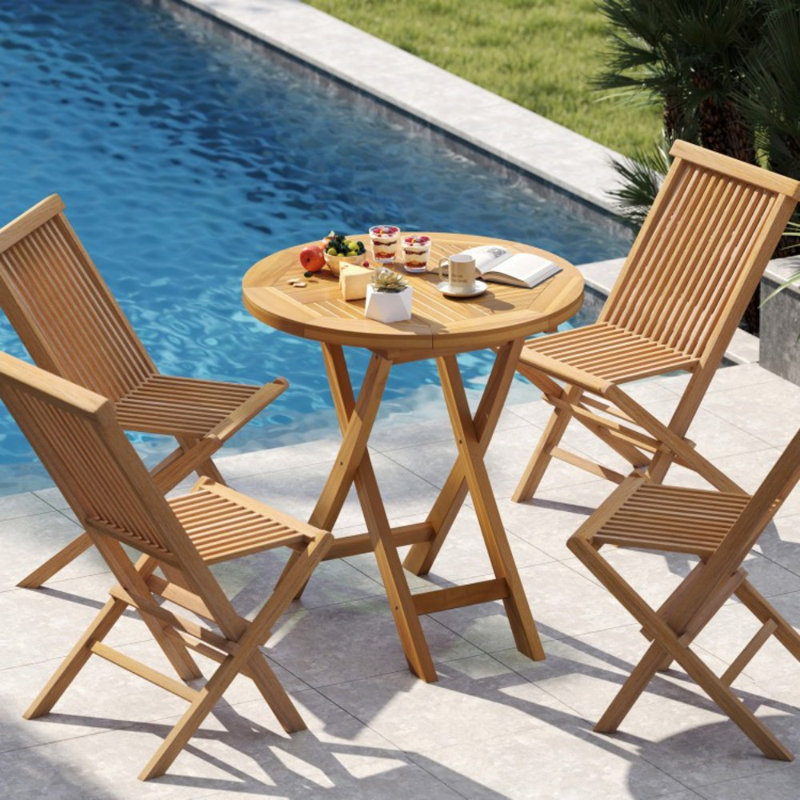 Table de salle à manger de patio en bois de teck avec plateau à lattes et structure robuste en forme de X