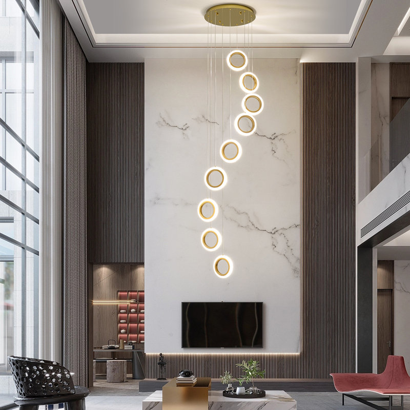 Gold Acrylic and Aluminum 9-Ring Adjustable Height Chandelier