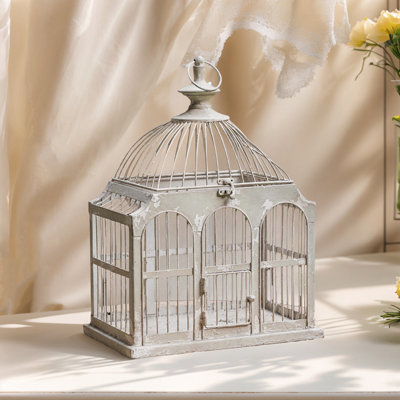 Vintage White Metal Birdcage With Rusted Finish And Elegant Arched Design – Rustic Home Decor Accent