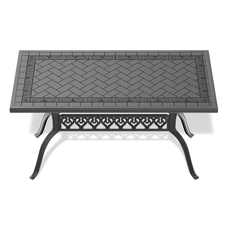 Table de patio rectangulaire en fonte d'aluminium, noire, design, capacité de 160 lb, 6 chaises en aluminium, structure noire, détails