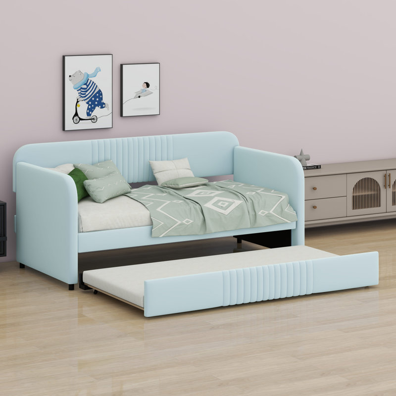 Upholstered Daybed Sofa Bed With Trundle Bed, Light Blue
