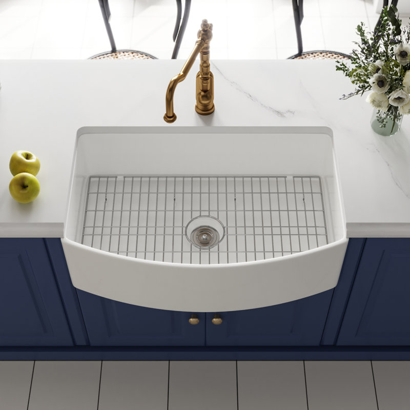 DeerValley Fireclay Single Basin Curved Farmhouse Kitchen Sink with Sink Grid and Basket Strainer, 10" H x 33" W x 21" D