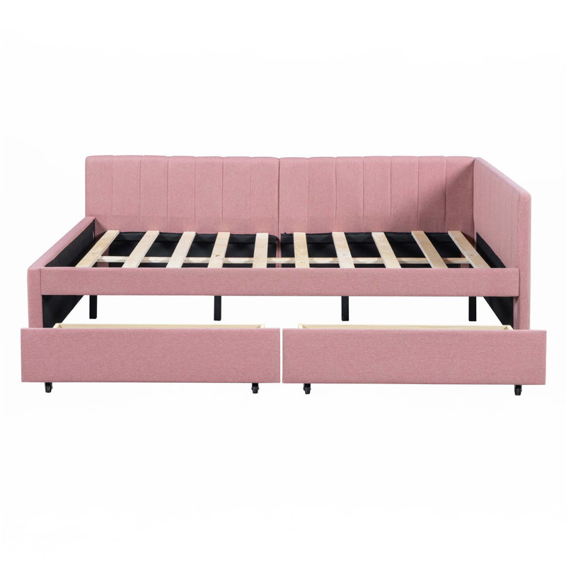 Lit de jour rembourré avec cadre de canapé-lit à 2 tiroirs de rangement, Complet/Double, Rose