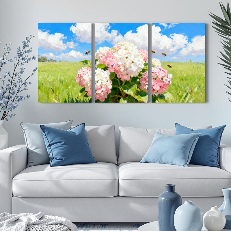 Tableau sur toile représentant un champ d'hortensias (lot de 3), H 18 po x l 36 po
