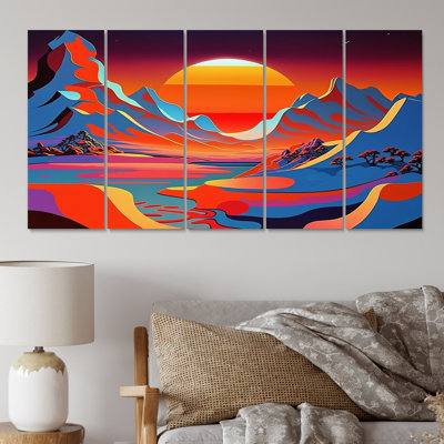 Rêves arctiques dans des couleurs vives et rétro - décoration murale paysage de montagne - 5 panneaux égaux