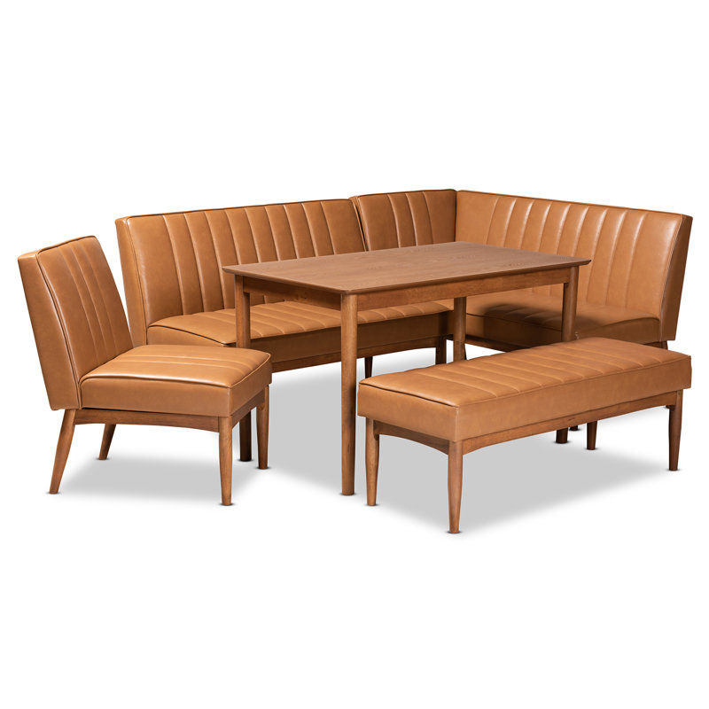Ensemble de coin-repas 5 pièces Hilley en simili cuir brun clair et bois au fini noyer, H 31,5 po x l 22 po x P 27 po