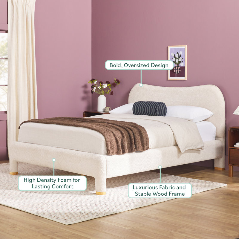 Sitarski Modern Curved Upholstered Bed, Ivory, Queen