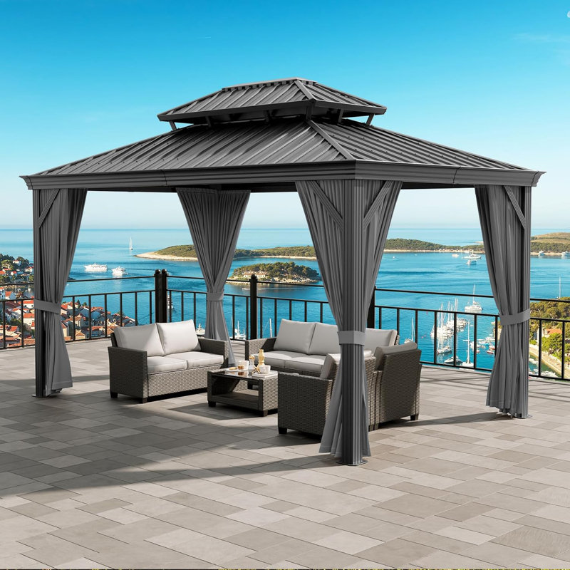 Pavillon de jardin rigide, structure en aluminium, 14 pi x 12 pi avec rideaux et filet grillagé, pavillon de jardin extérieur, gris