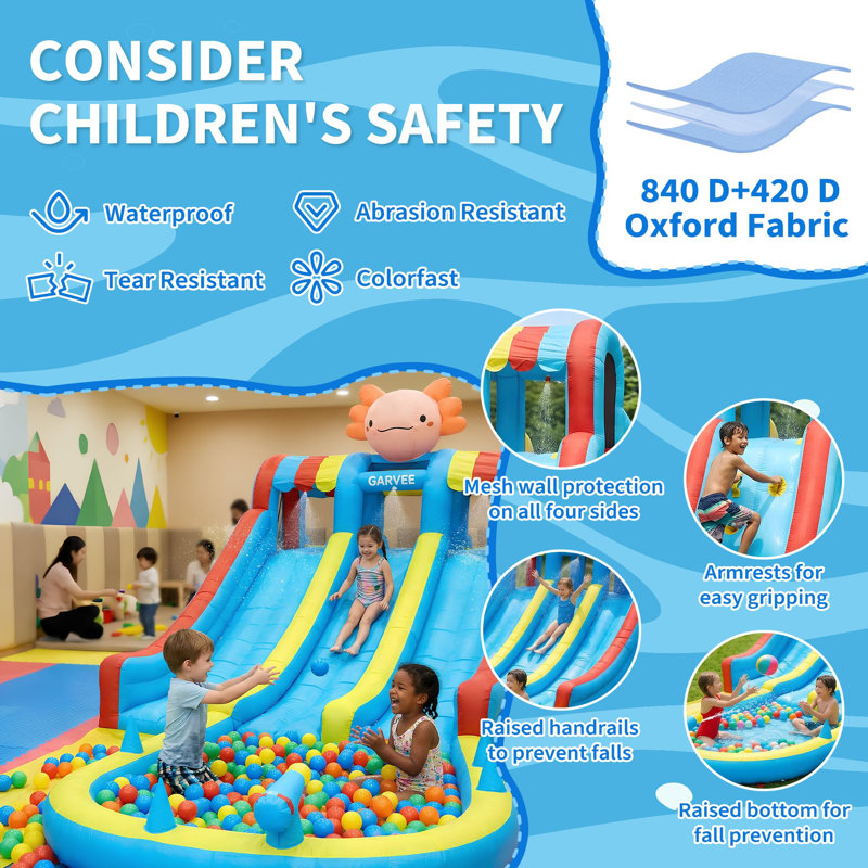 Inflatable Water Park 8-in-1 with Large Pool & Double Slides – Climbing Walls, Bounce House, Durable Oxford, Complete Set with 550W Blower – Indoor/Outdoor Play for Kids