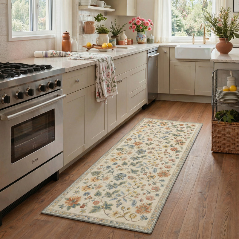 Tapis d'intérieur beige / vert / orange lavable à la machine Acker Verdant, Tapis de couloir 2 pi 5 po x 8 pi