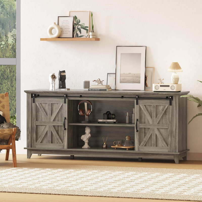 66" Farmhouse TV Stand for 75" TVs, Media Console with Sliding Barn Doors, Adjustable Shelf & Charging Station, Gray