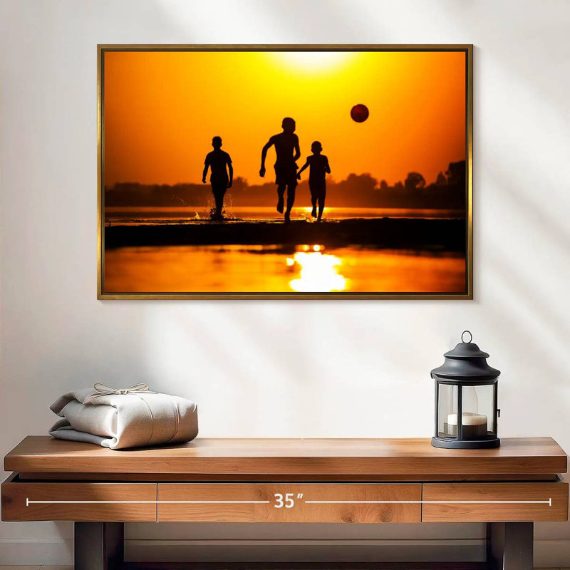 Sunset Beach Soccer, Cadre flottant doré, 25 po x 17 po