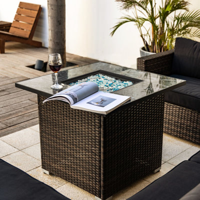 Foyer de table au gaz au propane de 30 pouces, production de chaleur de 40000 BTU, brun foncé, plateau de table en carreaux de céramique, structure en acier, housse de pluie d'extérieur avec gaz propane, 30 pouces, capacité d'alimentation, flamme