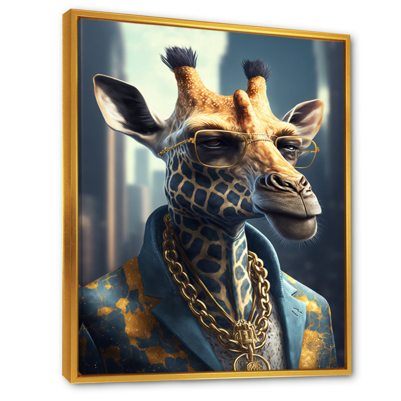 Girafe Ganster - Impression sur toile, H 20 po x l 12 po x P 1 po, Toile avec cadre flottant or
