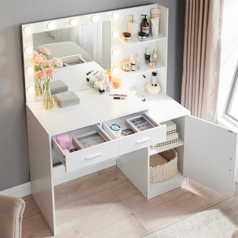 Bureau de coiffeuse avec miroir et lumières, Blanc