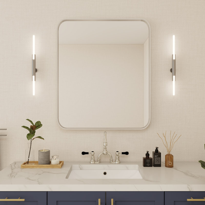 Élégant miroir encadré en aluminium avec coin arrondi pour une décoration intérieure élégante, Argent argent, Rectangulaire