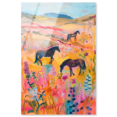 Horses in Beautiful Pasture II High-Gloss Frameless Acrylic Glass Wall Art Western by Art Remedy, Ready to Hang, 10 x 15