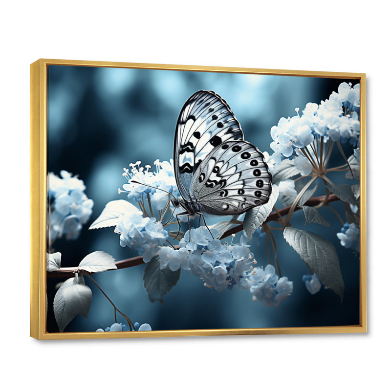 «Reg Blue Butterfly Haven II» sur toile, Cadre flottant doré, H 30 po x l 40 po x P 1,5 po