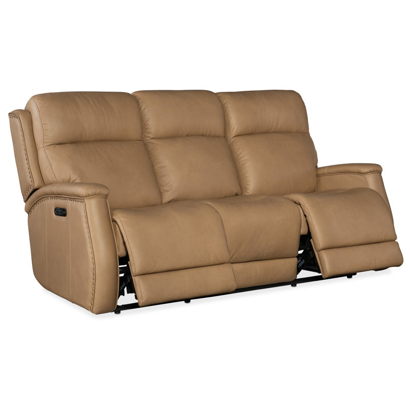 Sahara Sand Leather Power Reclining Sofa with Nailhead Trim