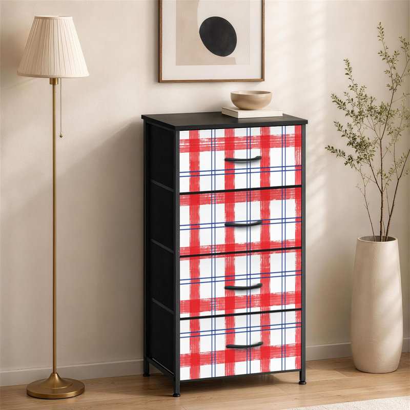 Commode à 4 tiroirs pour chambre à coucher à carreaux rouges et blancs, à carreaux bleus et à lignes bleues