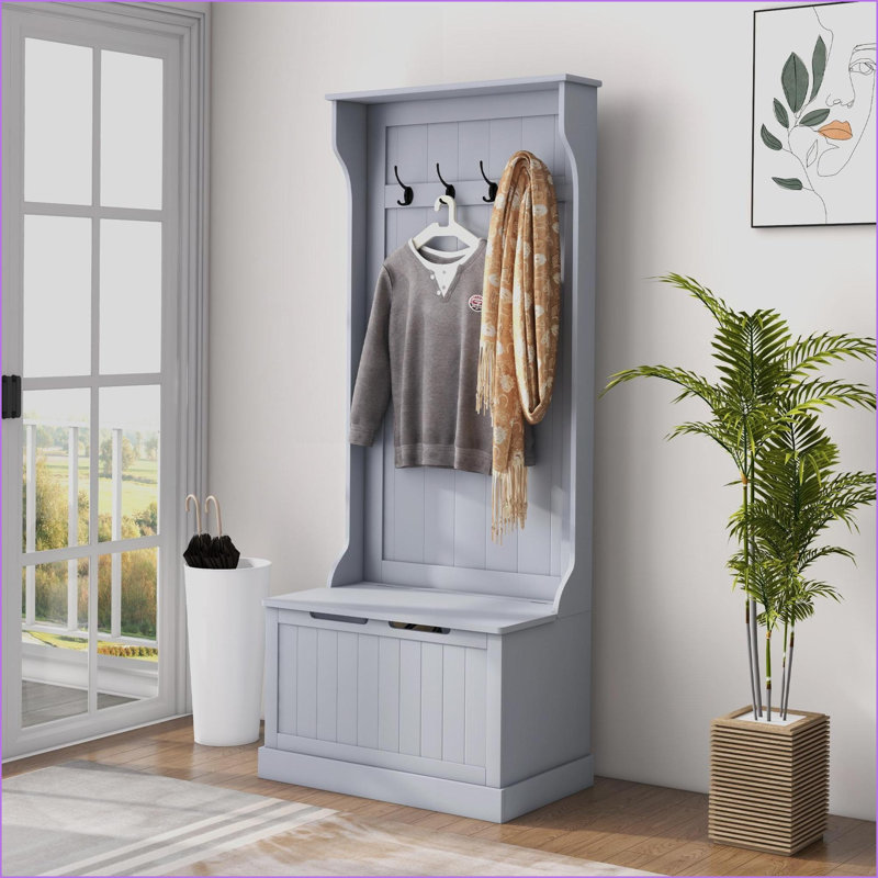 Portemanteau avec banc de rangement, portemanteau 3 en 1 28 po et rangement pour chaussures, gris | gris | portemanteaux