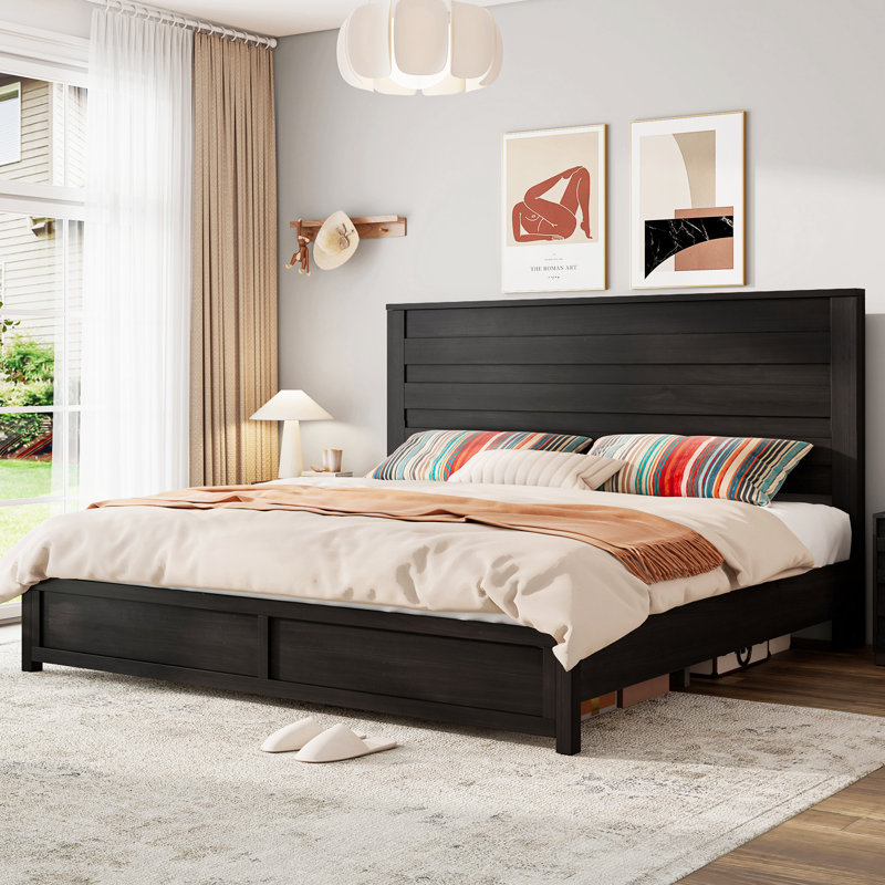 Marro Farmhouse Overlapped Wood Platform Bed, Black, King