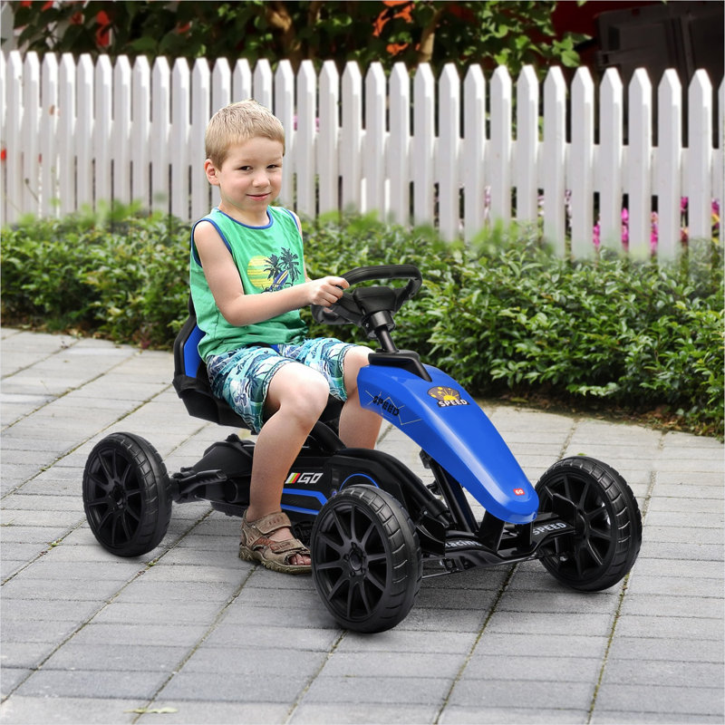 Kart à pédales avec siège réglable et roues amortissantes, finition bleue