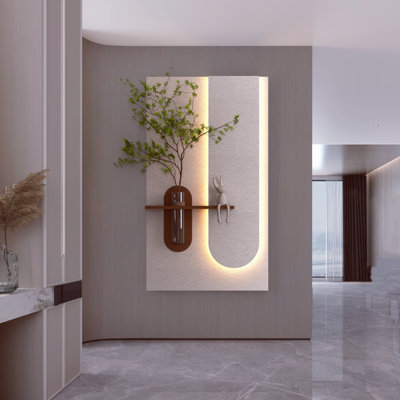 Décoration murale réglable en grès tricolore à DEL avec plantes vertes simulées, vase en verre et statue de lapin, idéale pour les salons, les chambres et les couloirs.